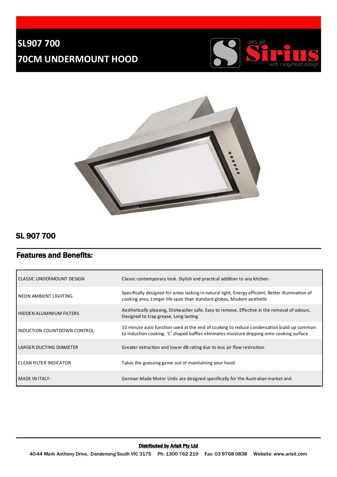 Sirius SL907700 Specifications Sheet