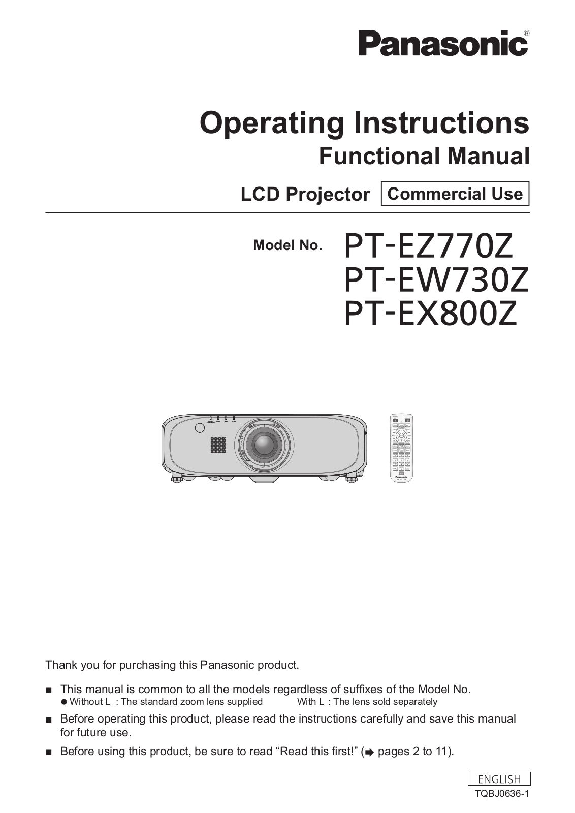 Panasonic PT-EZ770ZU, PT-EZ770ZLU, PT-EX800ZU, PT-EX800ZLU, PT-EW730ZU User Manual