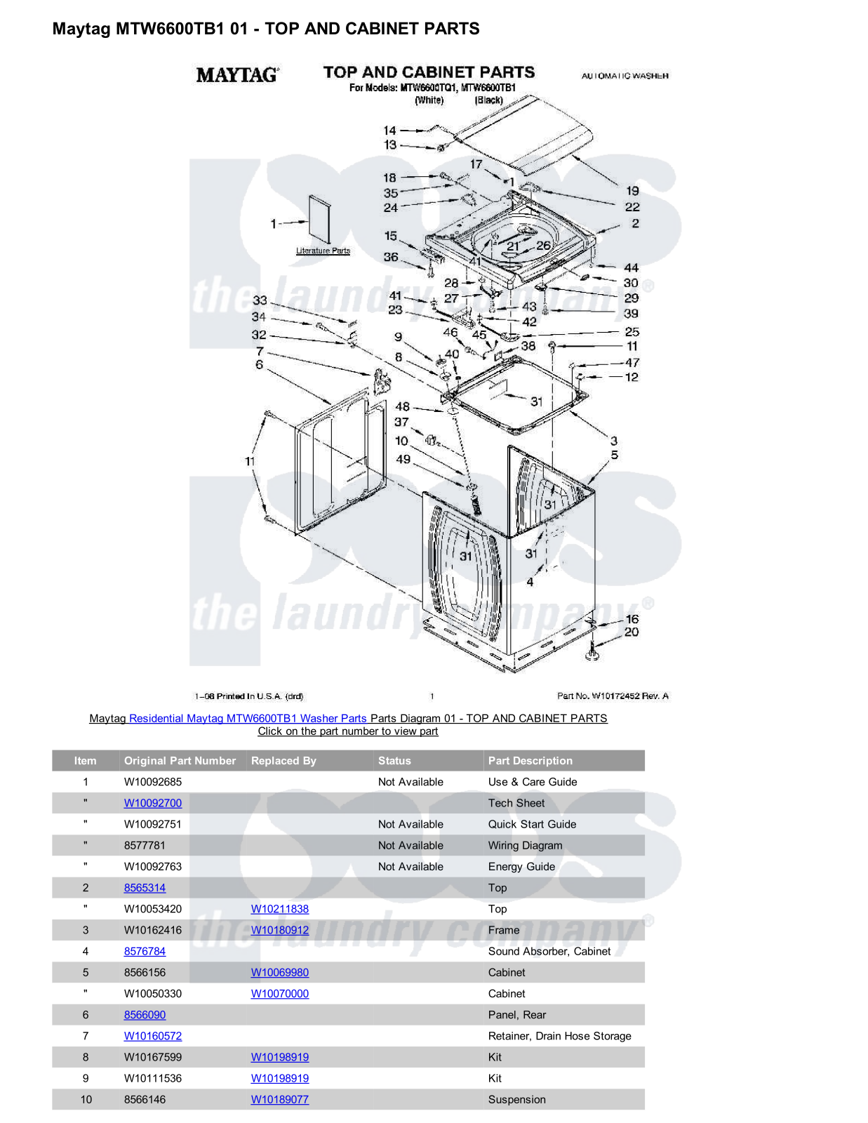 Maytag MTW6600TB1 Parts Diagram