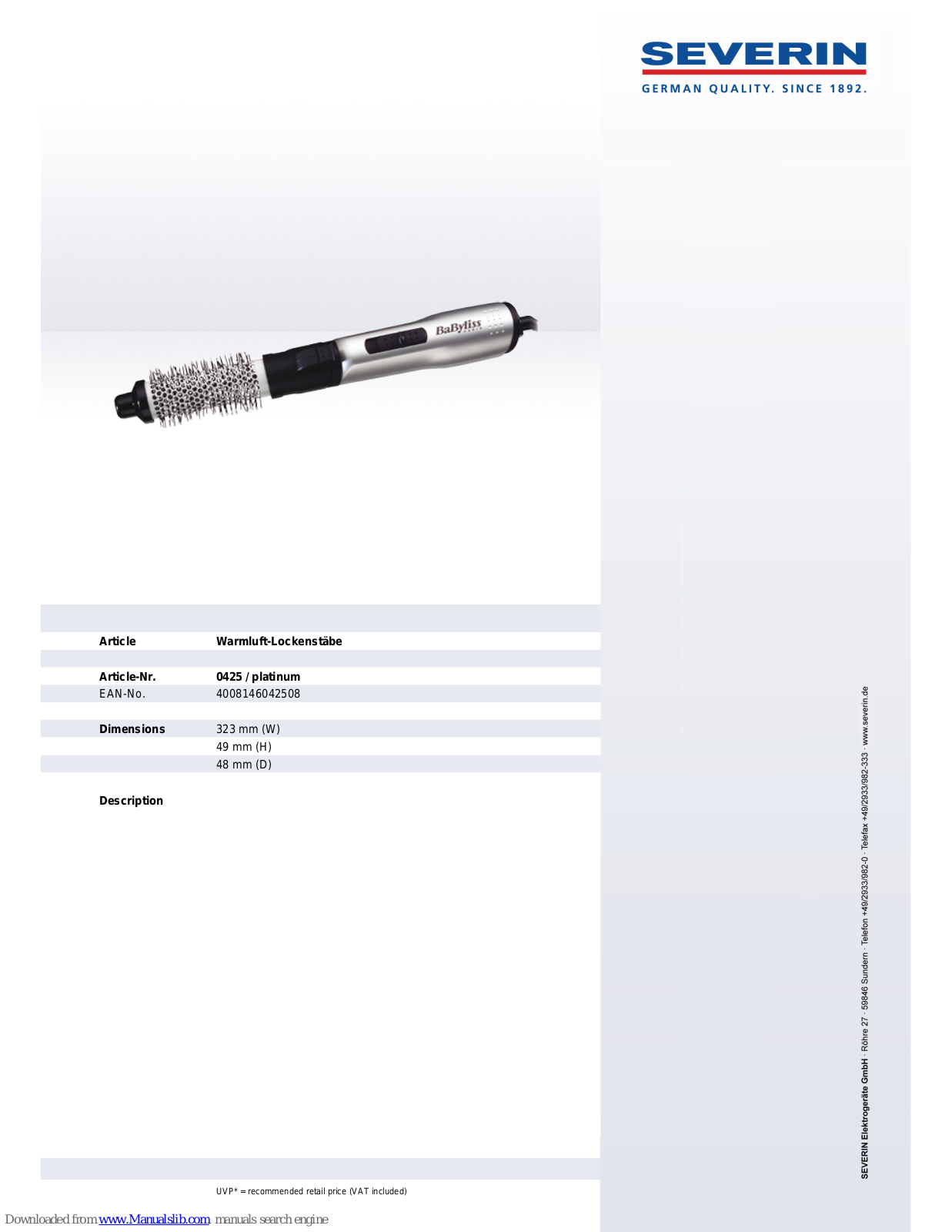 SEVERIN PLATINUM 700 0425, 425 Dimensions