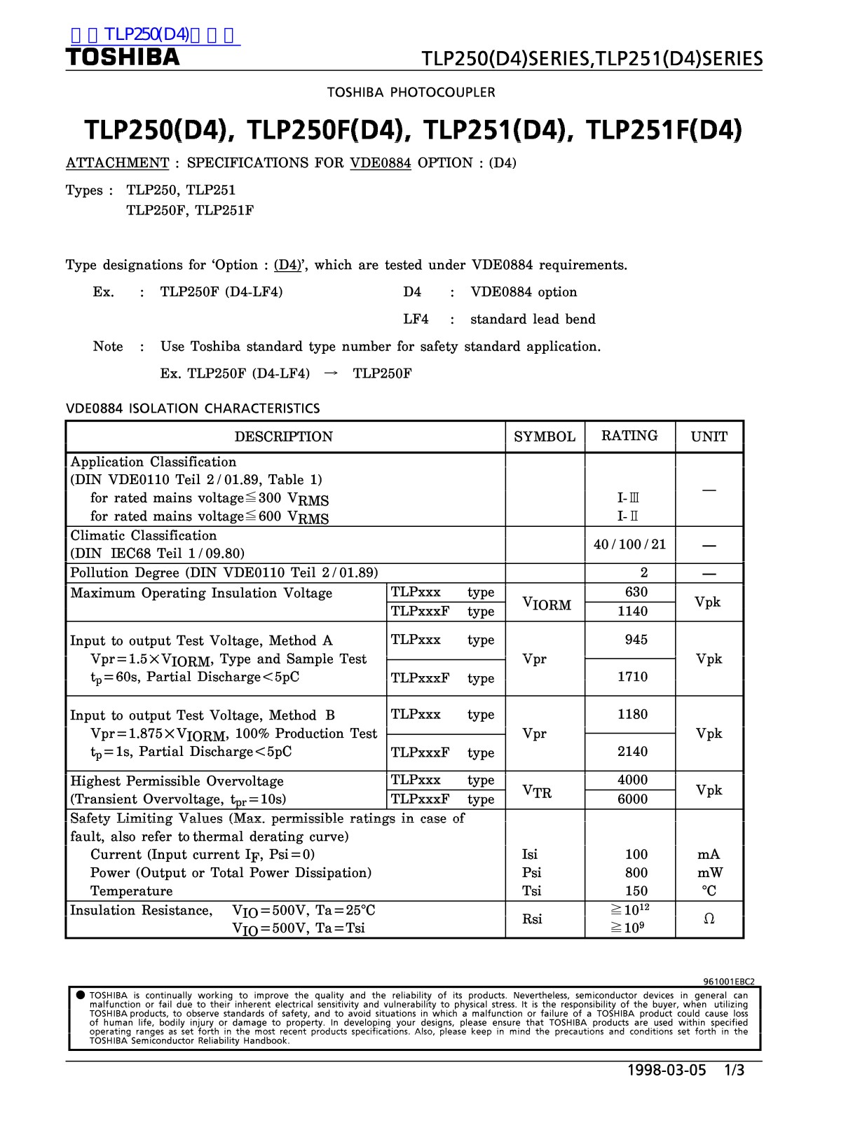 TOSHIBA TLP250-D4, TLP250F-D4, TLP251-D4, TLP251F-D4 Technical data
