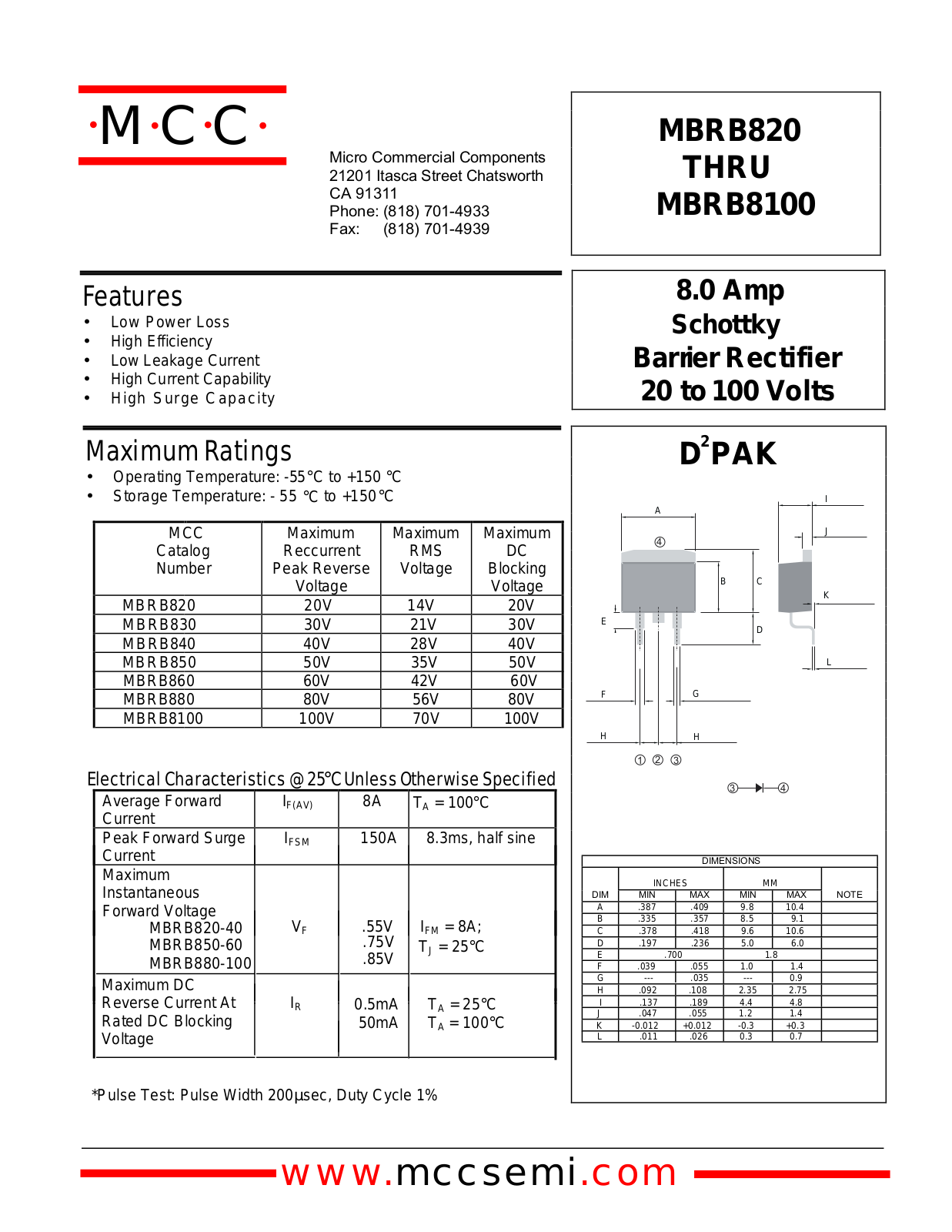 MCC MBRB880, MBRB850, MBRB840, MBRB820, MBRB8100 Datasheet