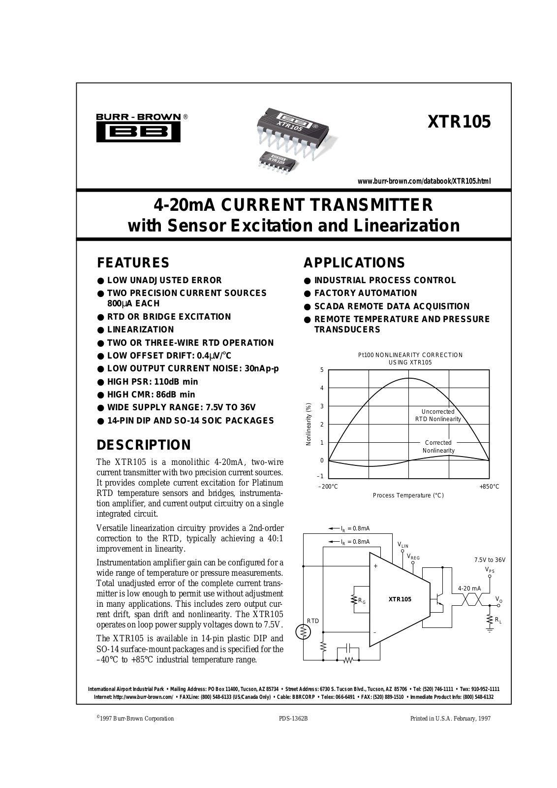 Burr Brown XTR105PA, XTR105P, XTR105UA-2K5, XTR105U-2K5, XTR105UA Datasheet