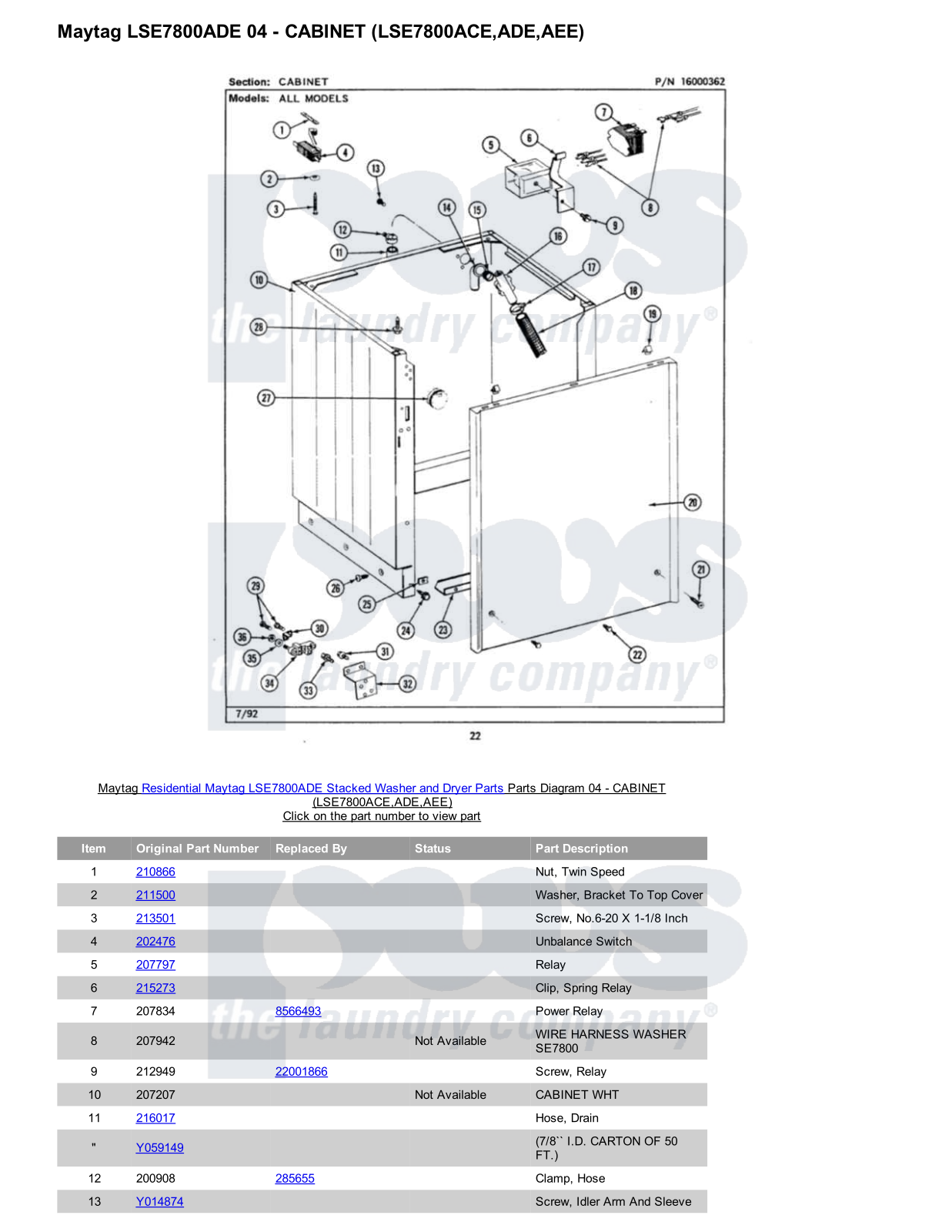 Maytag LSE7800ADE Stacked and Parts Diagram