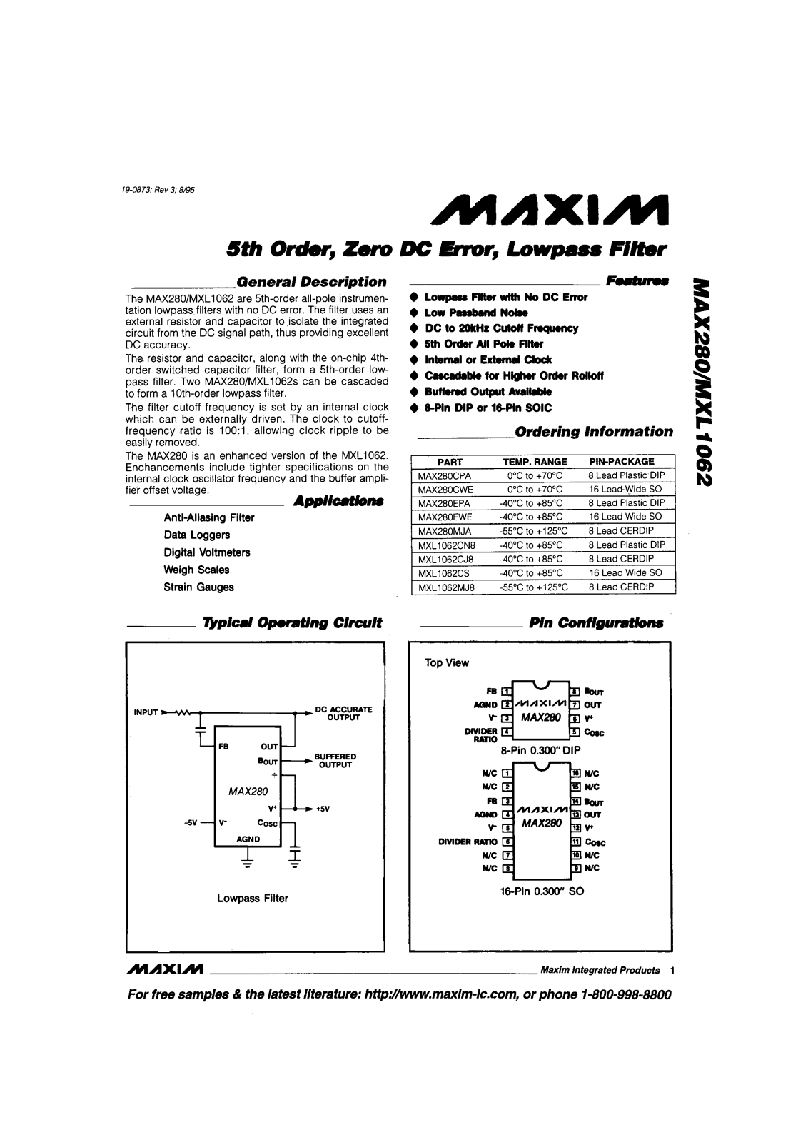 Maxim MXL1062CJB, MXL1062CNB, MXL1062CS, MXL1062MJB, MAX280MJA Datasheet