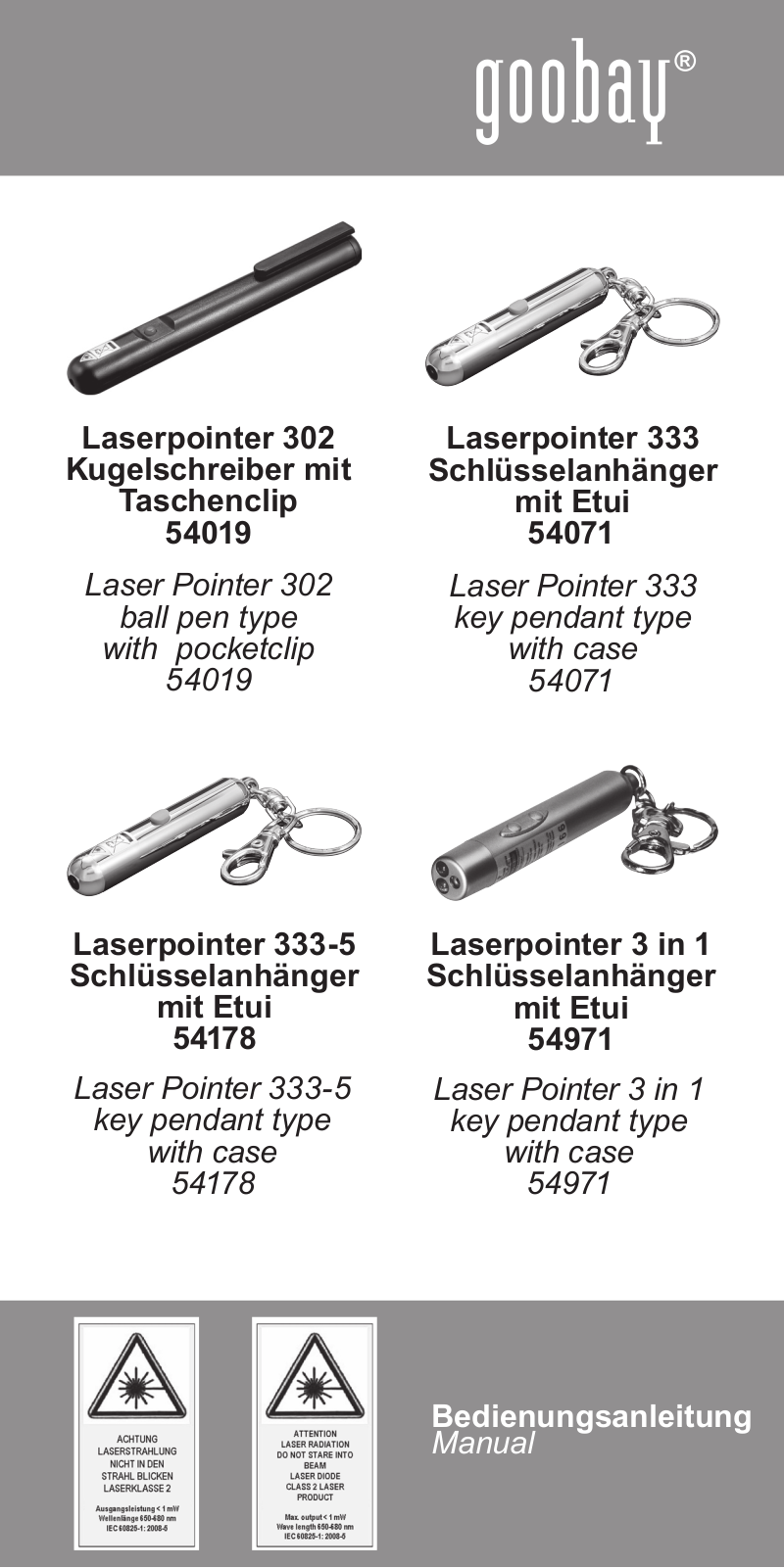 Goobay Laserpointer 333, Laserpointer 333-5, Laserpointer 302, Laserpointer 3 in 1 User Manual