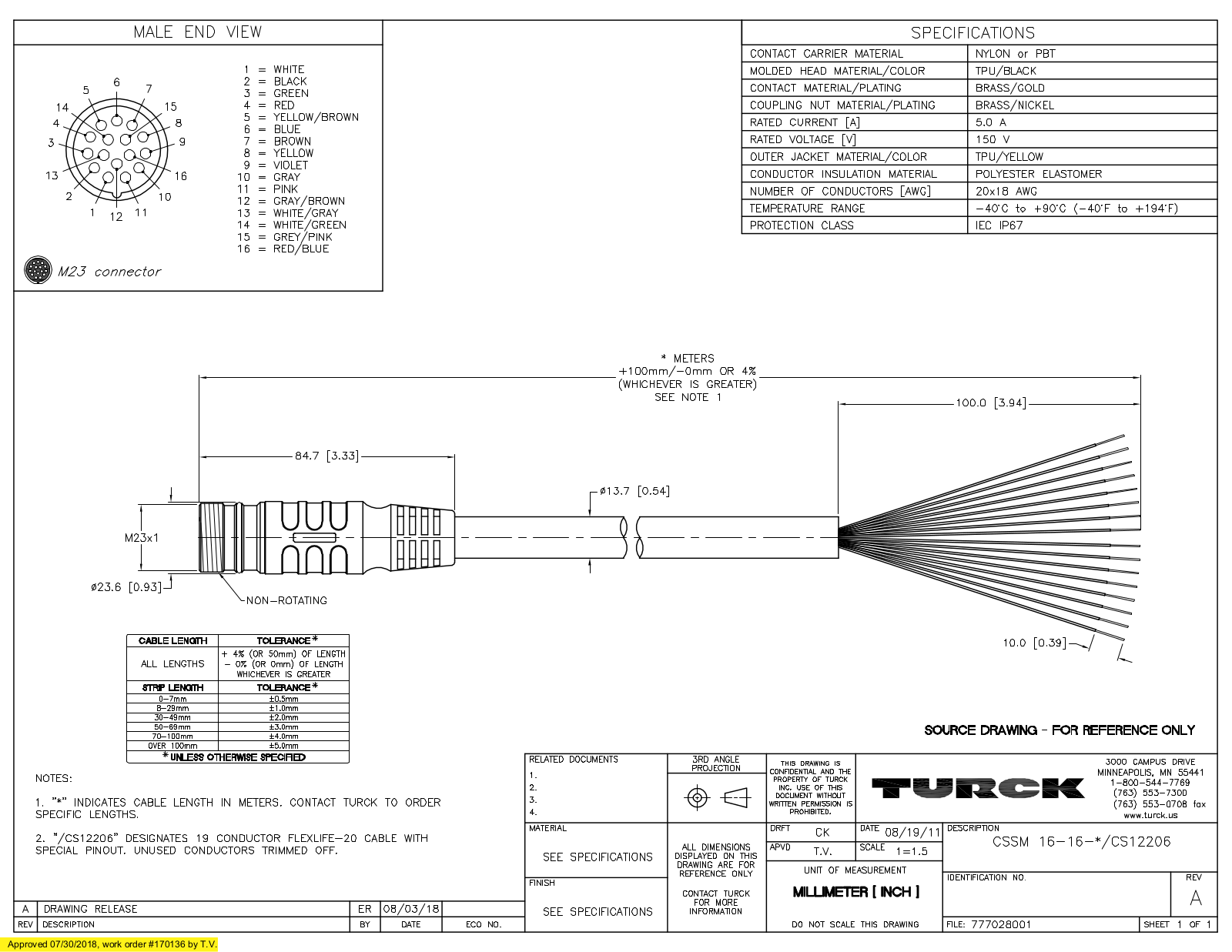 Turck CSSM16-16-10/CS12206 Specification Sheet