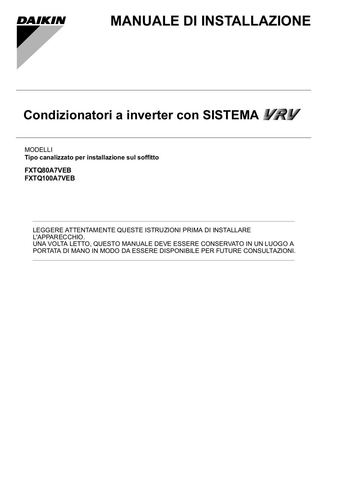 Daikin FXTQ80A7VEB, FXTQ100A7VEB Installation manuals