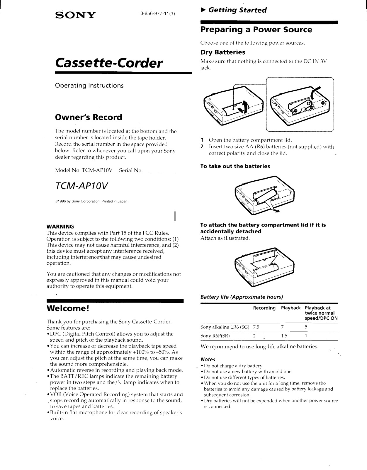 Sony TCM-AP10V User Manual