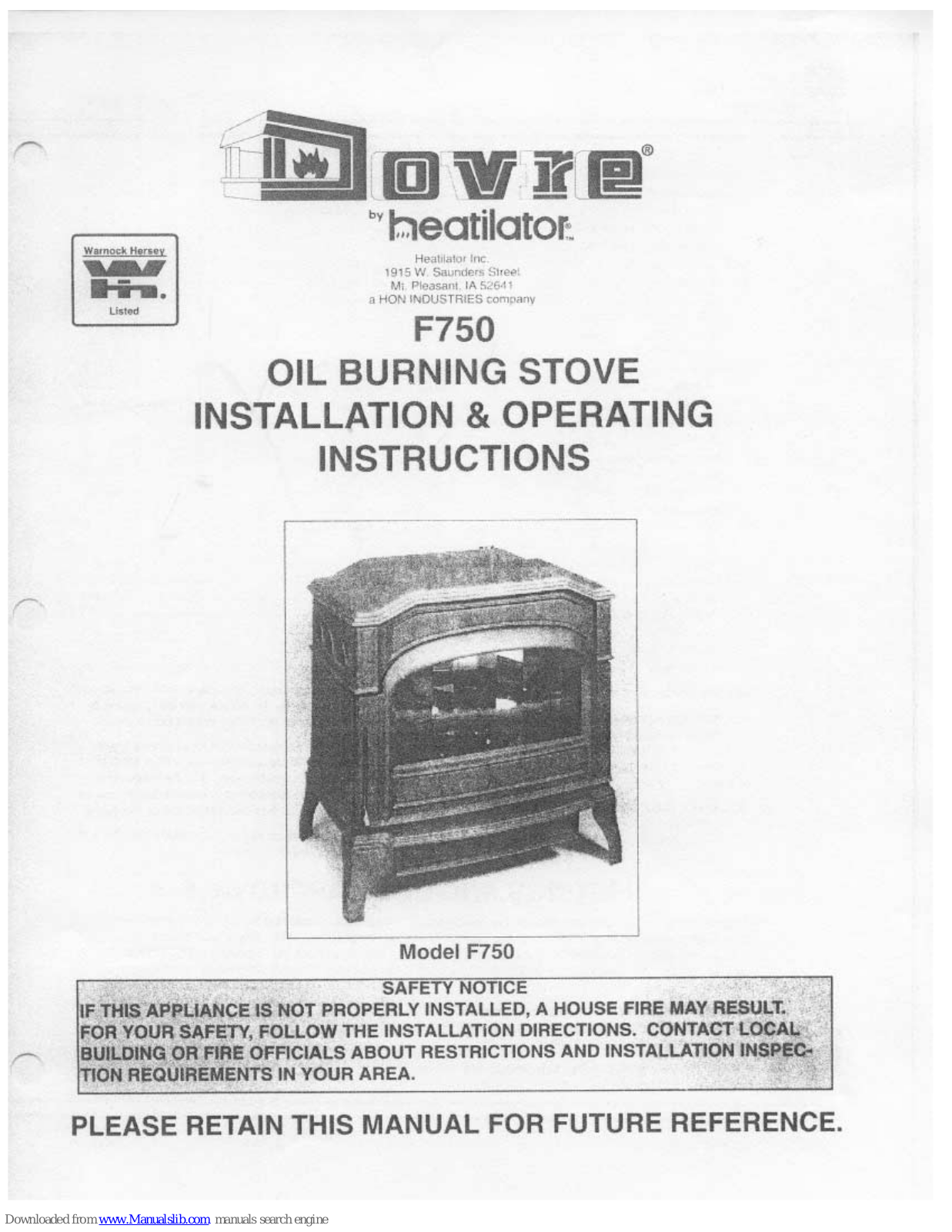 Dovre F750 Installation And Operating Instructions Manual