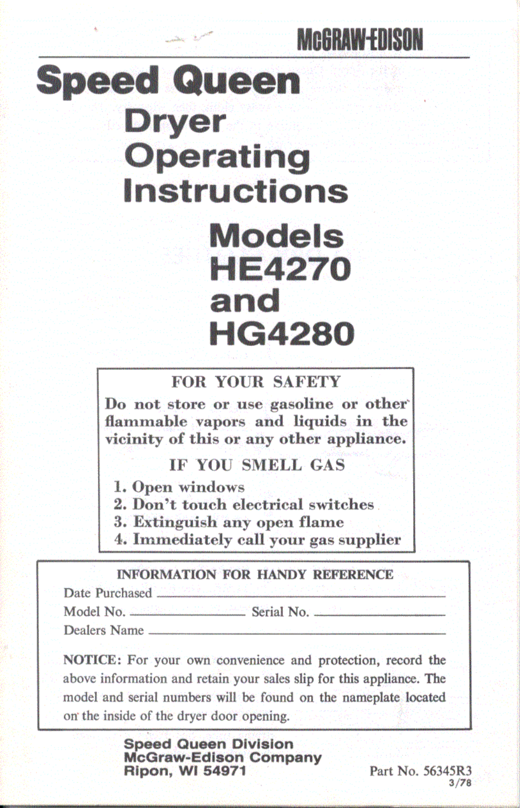 Speed Queen HE4270, HG4280 User Manual