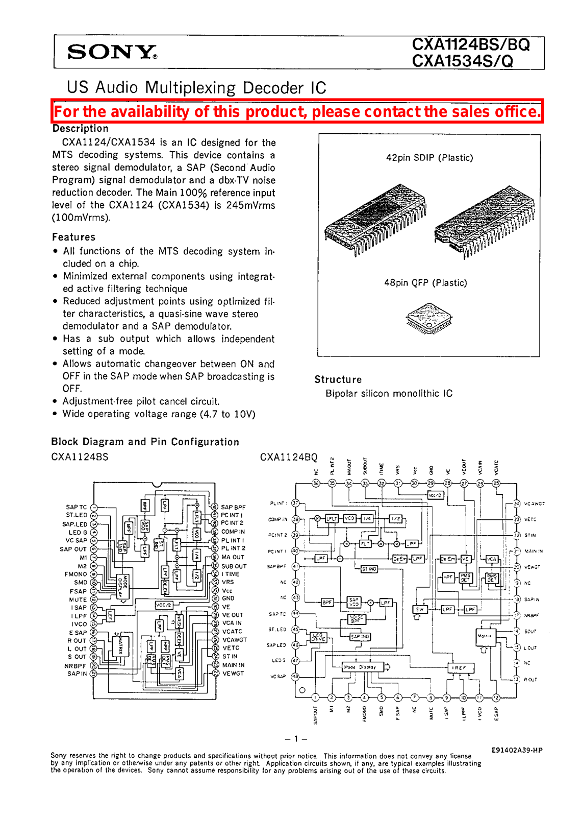 Sony CXA1124BS, CXA1124BQ, CXA1534S, CXA1534Q Datasheet