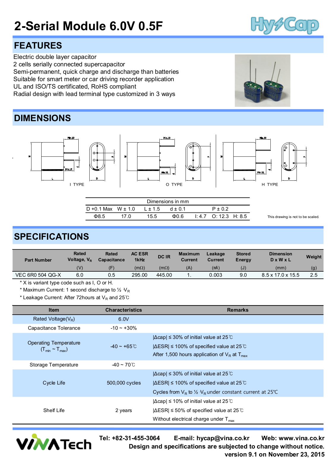 VINATECH HY-CAP 0,5F 6V Datasheet - ManualMachine.com