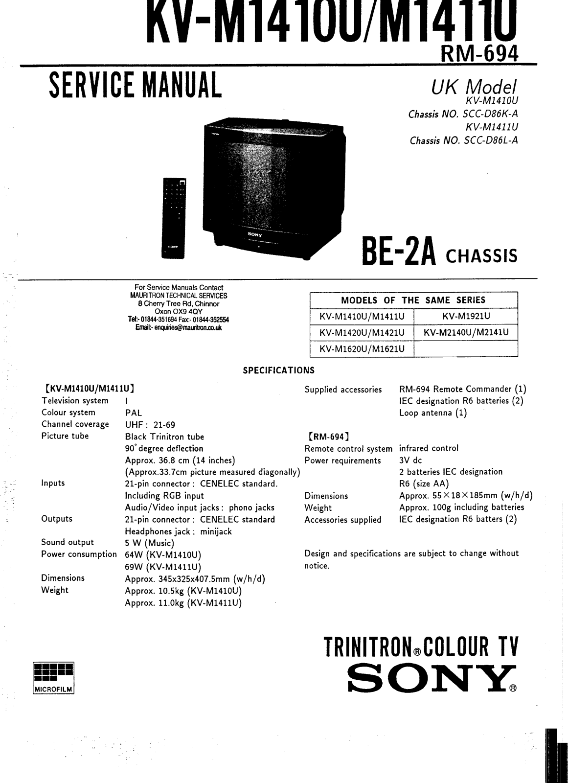 SONY KV-M2141U, KV-M1410U, KV-M1410 Service Manual