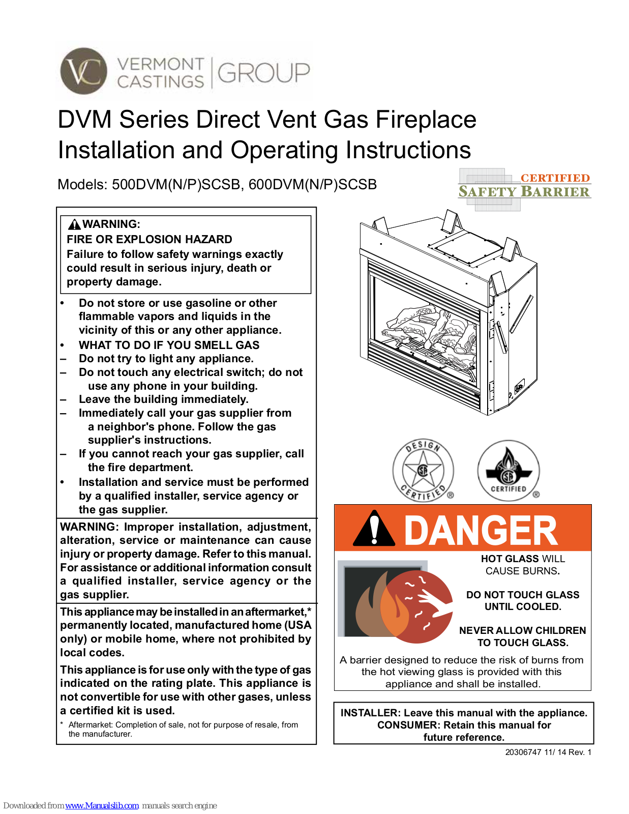 Vermont Castings 500DVMNSCSB, 500DVMPSCSB, 600DVMNSCSB, 600DVMPSCSB Installation And Operating Instructions Manual