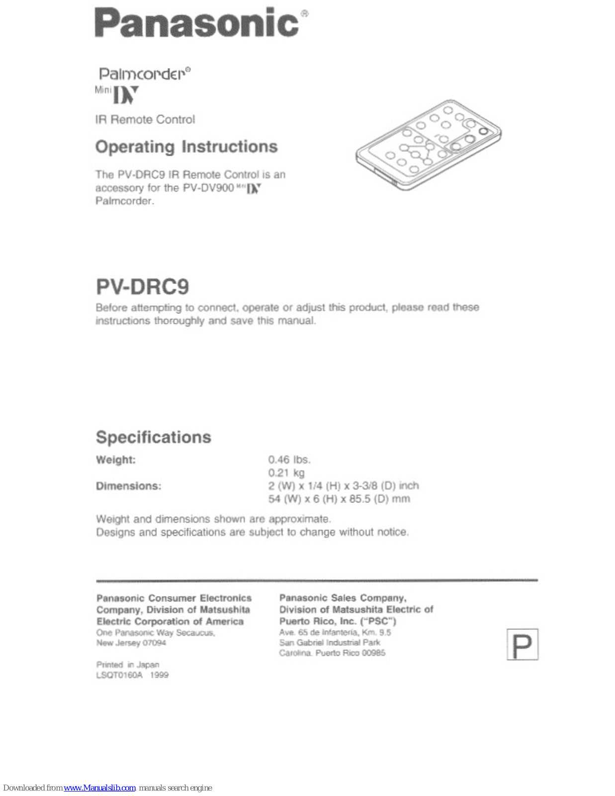 Panasonic Palmcorder PV-DRC9 Operating Instructions Manual