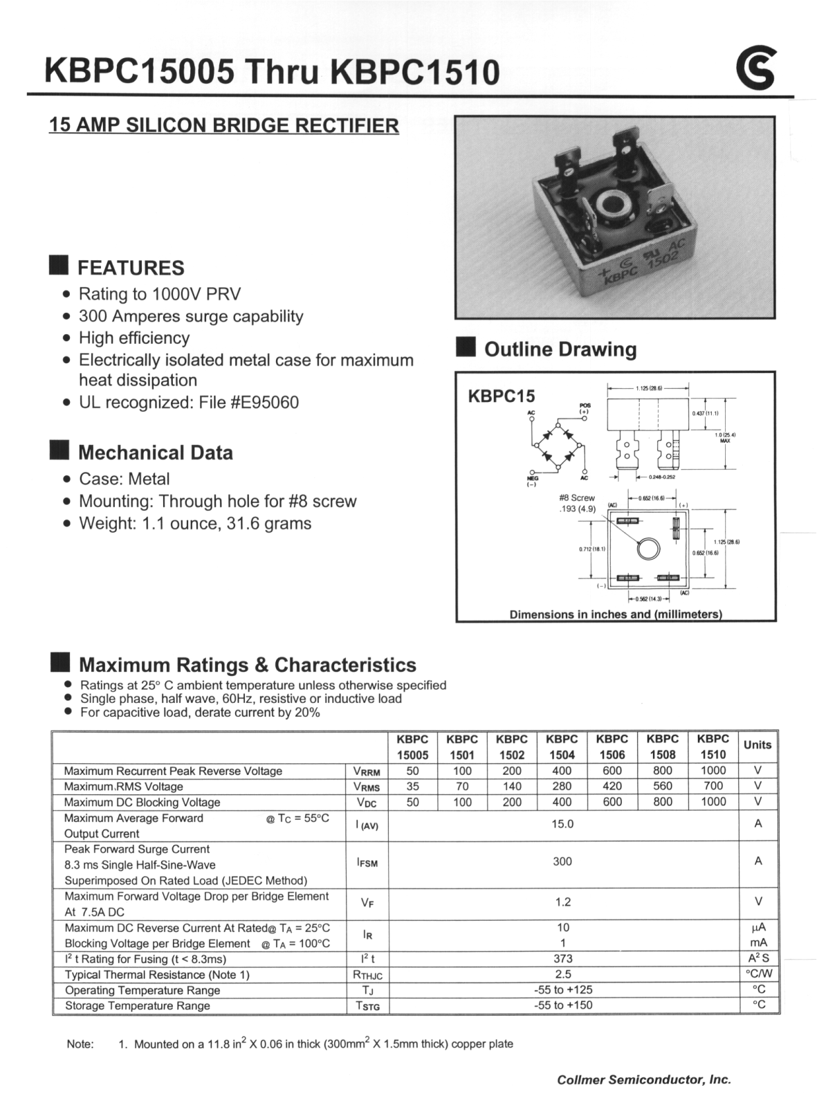 CALLMER KBPC1502, KBPC1508, KBPC1504, KBPC15005, KBPC1501 Datasheet