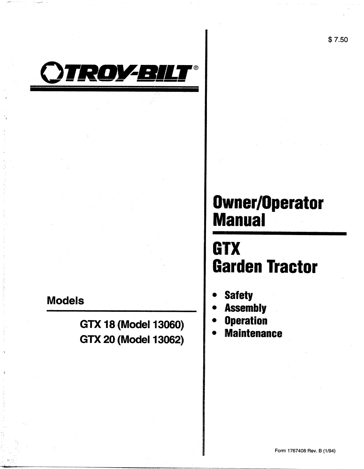 Troy-Bilt GTX 18, 13060 User Manual