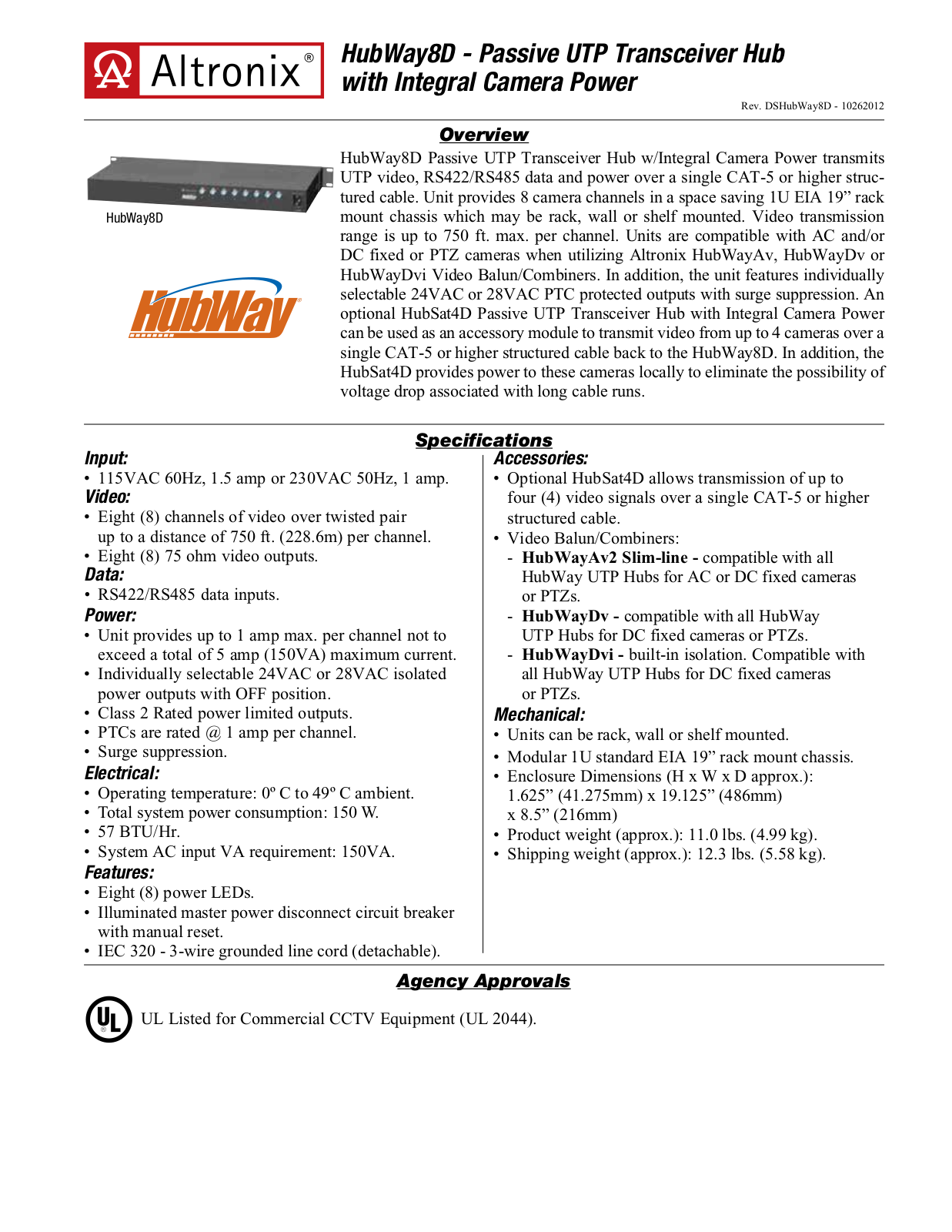 Altronix HubWay8D Specsheet