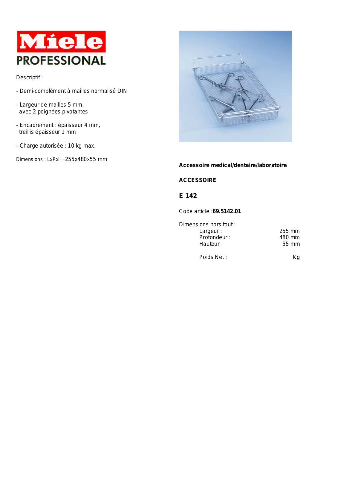 MIELE E 142 DESCRIPTIF User Manual