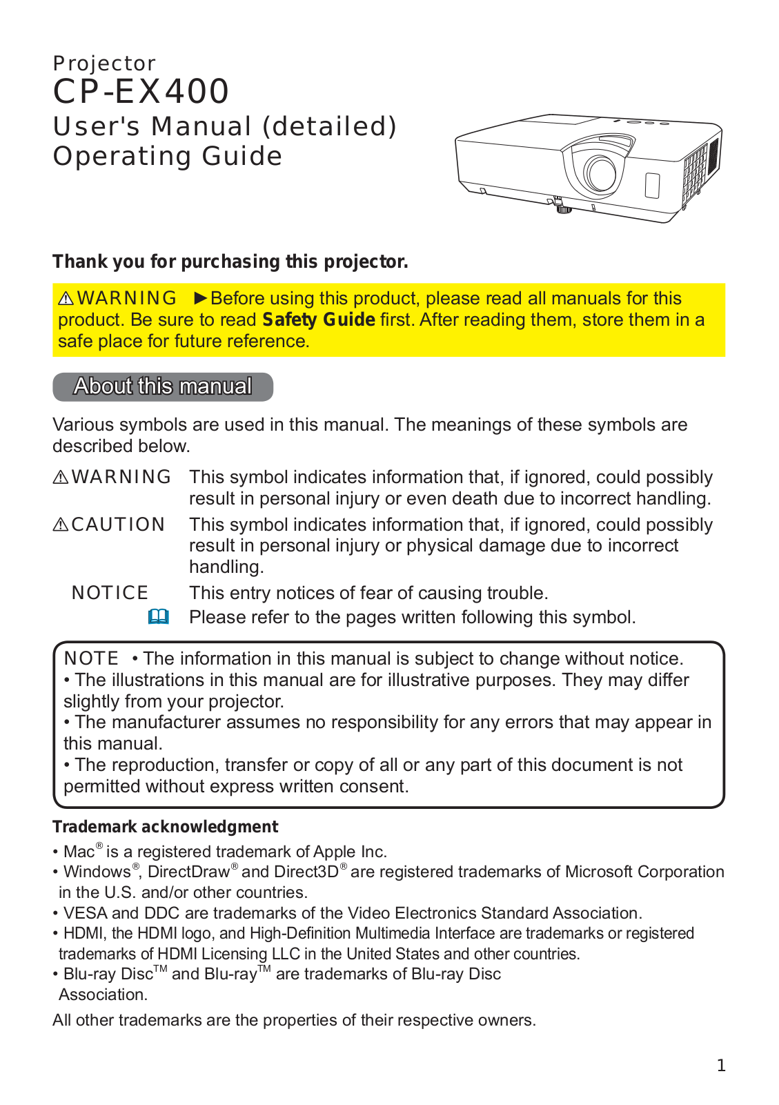 Hitachi CP-EX400 Operating Instruction