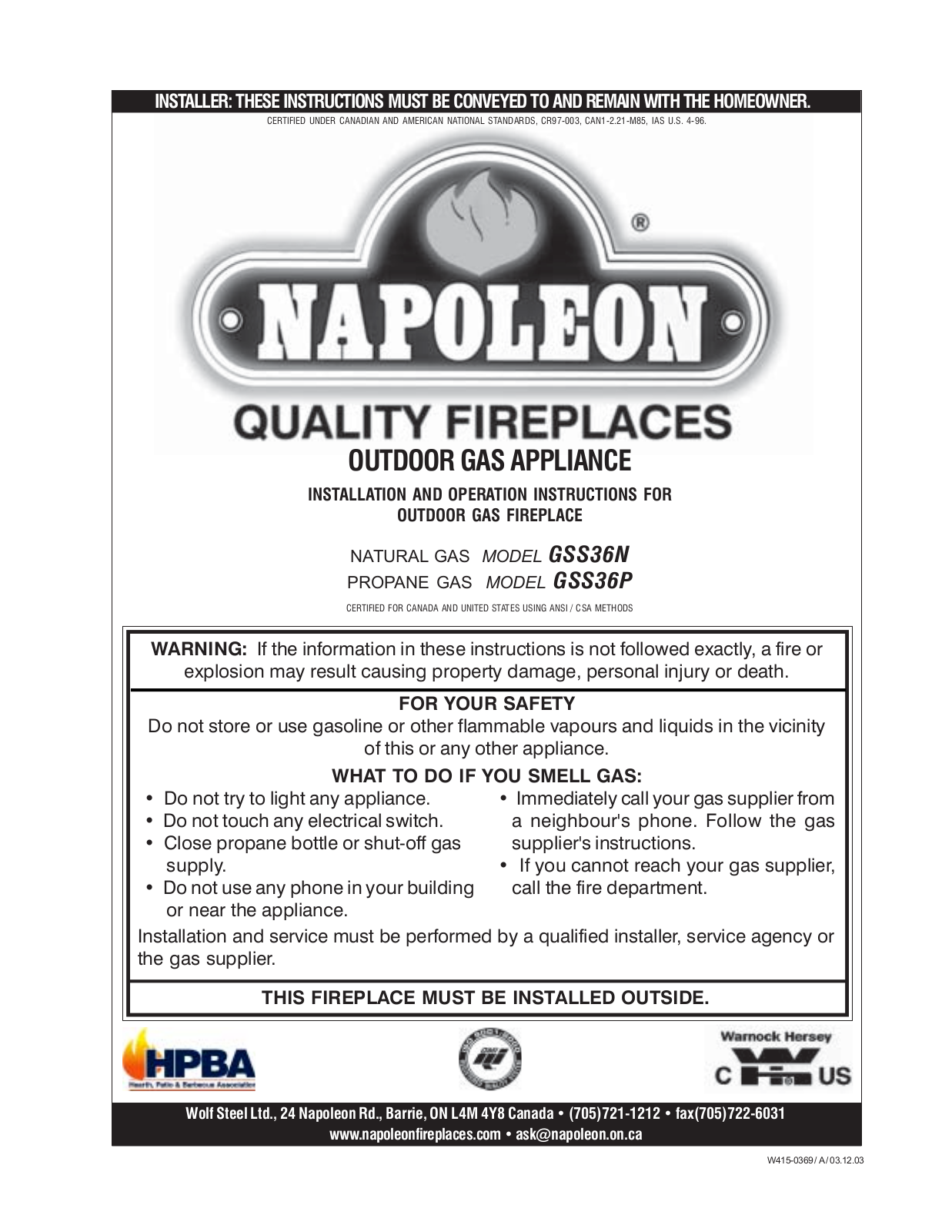 Napoleon Fireplaces GSS36P User Manual