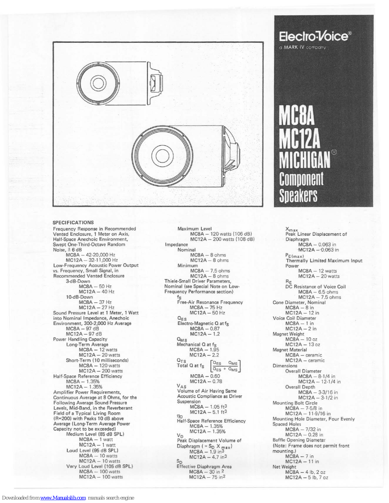 Electro-Voice Michigan MC12A, Michigan MC8A Specifications