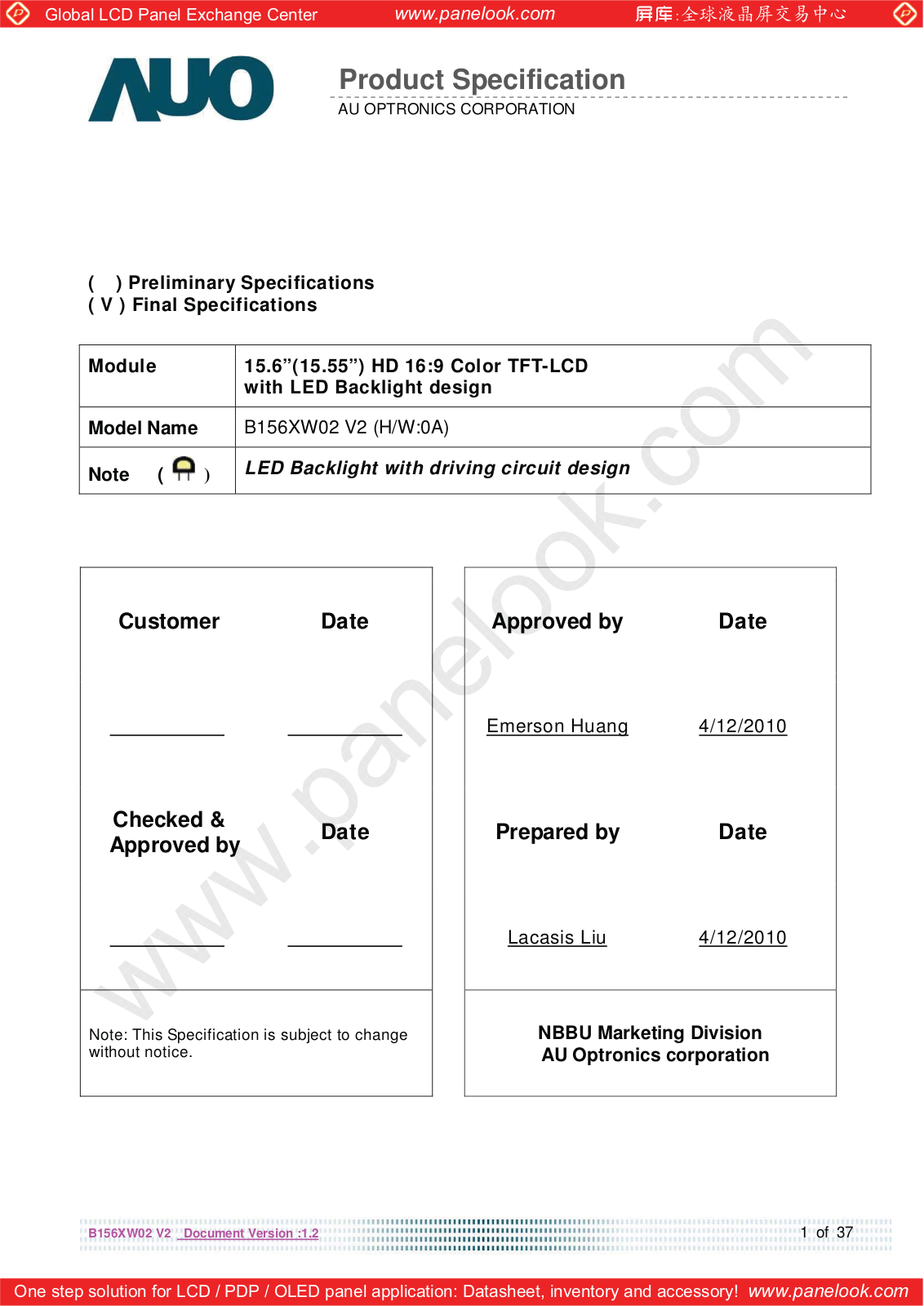 AUO B156XW02 V2 HW0A Specification