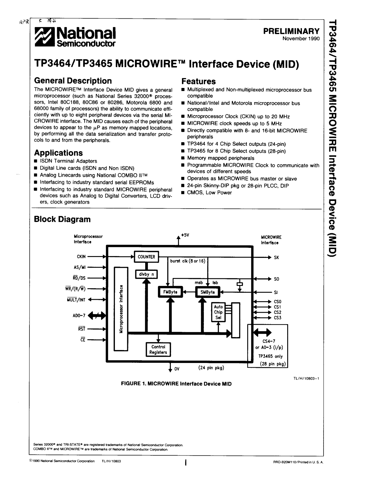 NATIONAL SEMICONDUCTOR TP3465V, TP3465N, TP3464N Datasheet