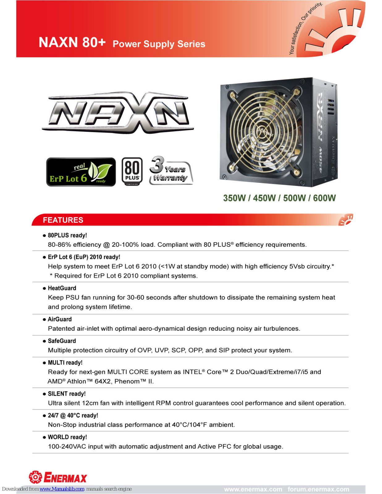 ENERMAX NAXN 80 PLUS, NAXN 80+ ENP350AWT, NAXN 80+ ENP450AWT, NAXN 80+ ENP500AWT, NAXN 80+ ENP600AWT Datasheet