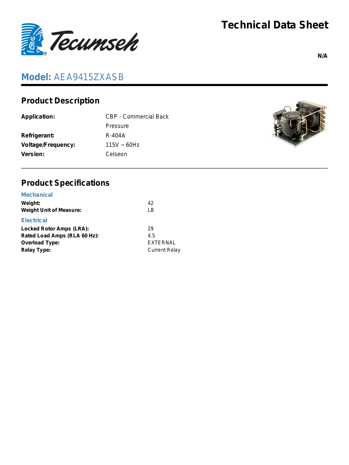 Tecumseh AEA9415ZXASB Technical Data Sheet