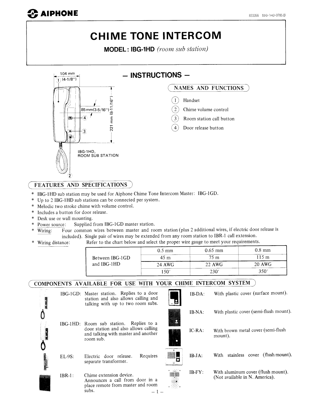 Aiphone IB-DA, IC-RA, El 9s, IB-FY, IBG-1GD User Manual