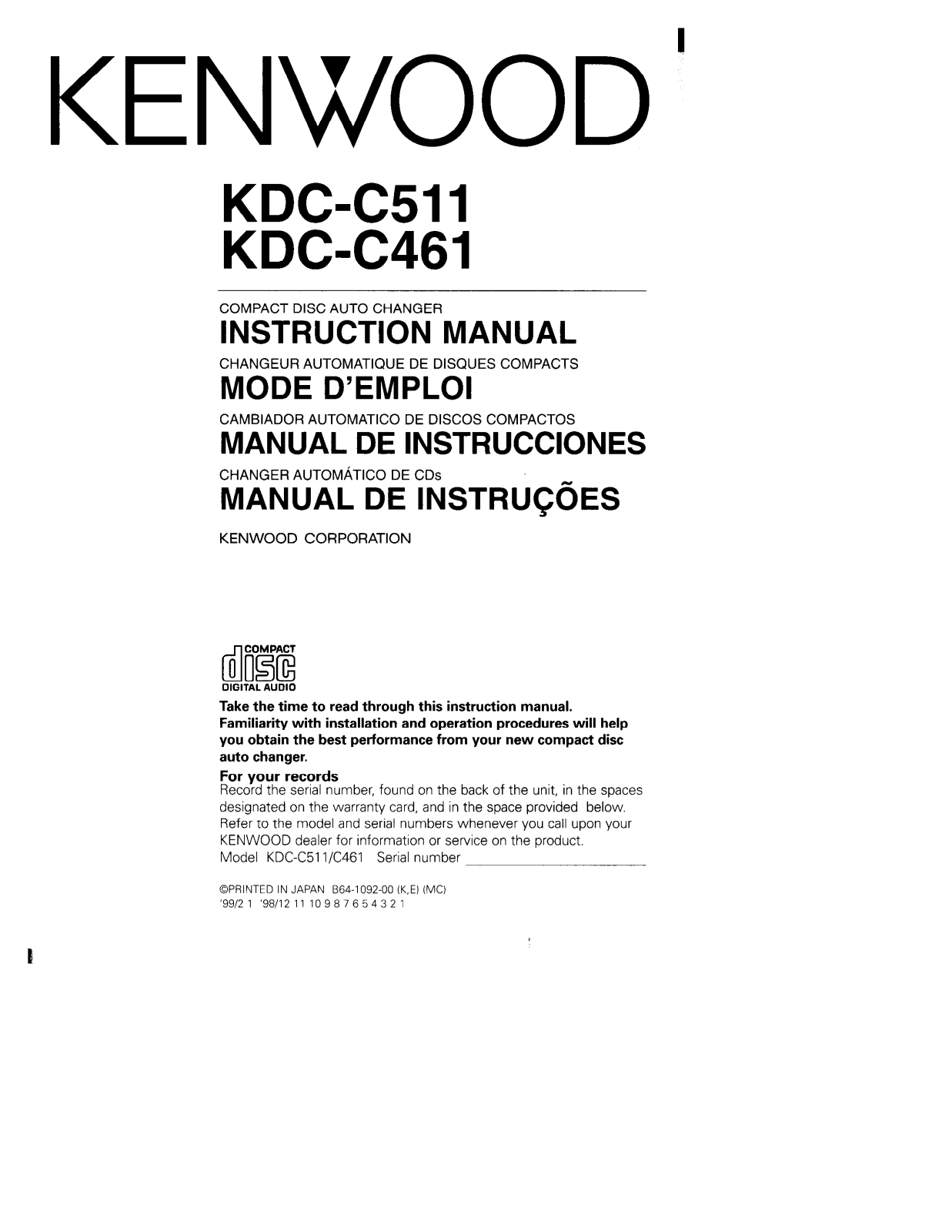 Kenwood KDC-C511, KDC-C461 Owner's Manual
