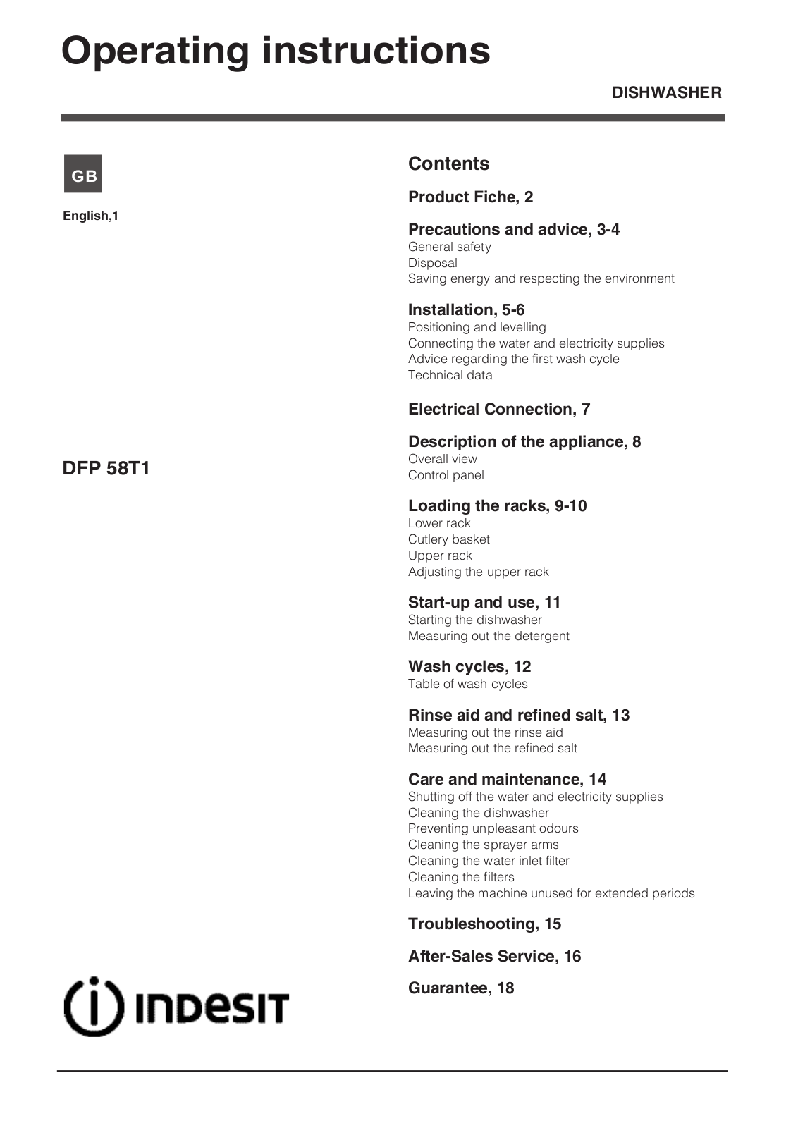 Indesit DFP58T1C Operating Instructions