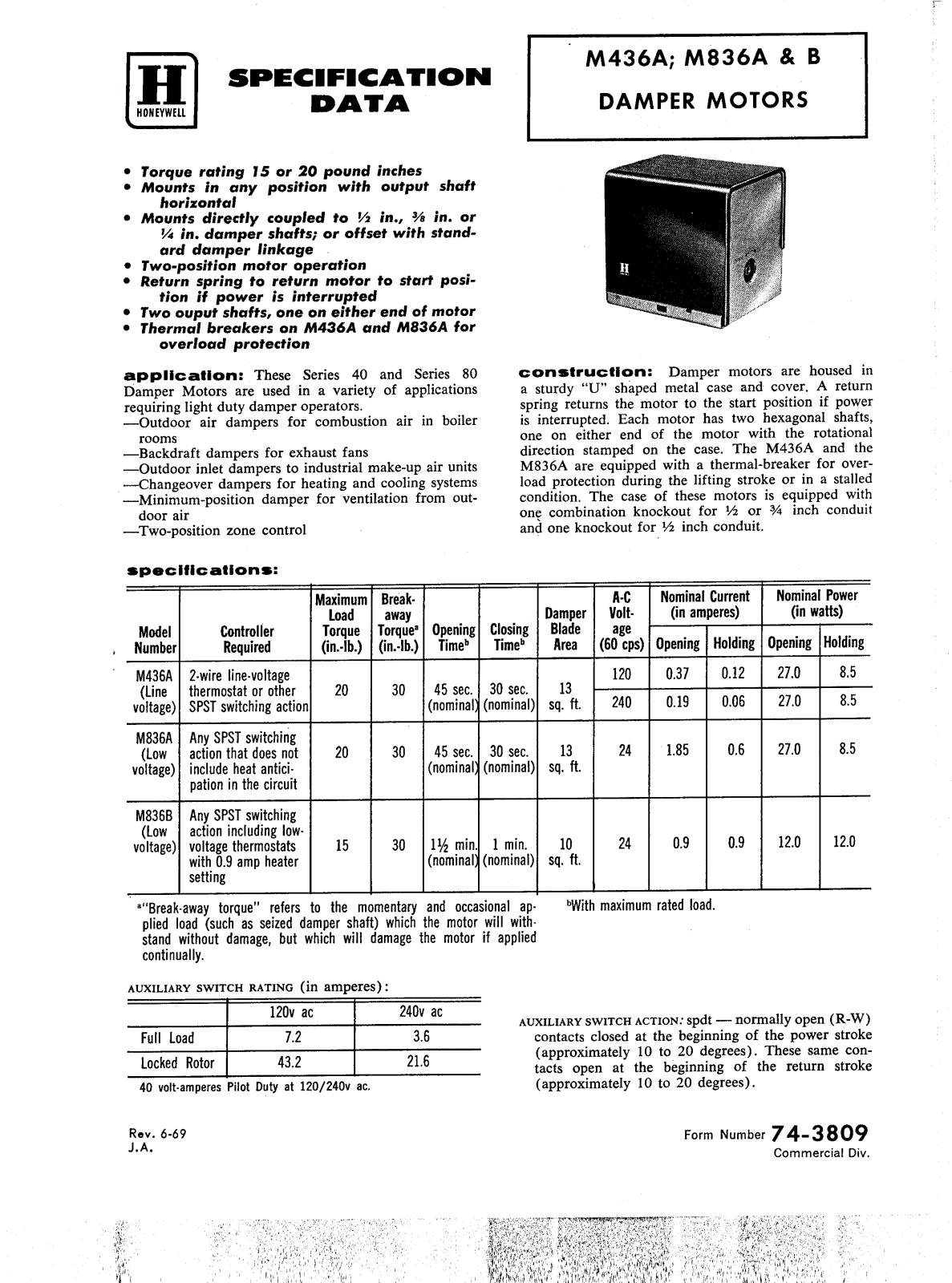 Honeywell M436A, M836A, M836B Specifications