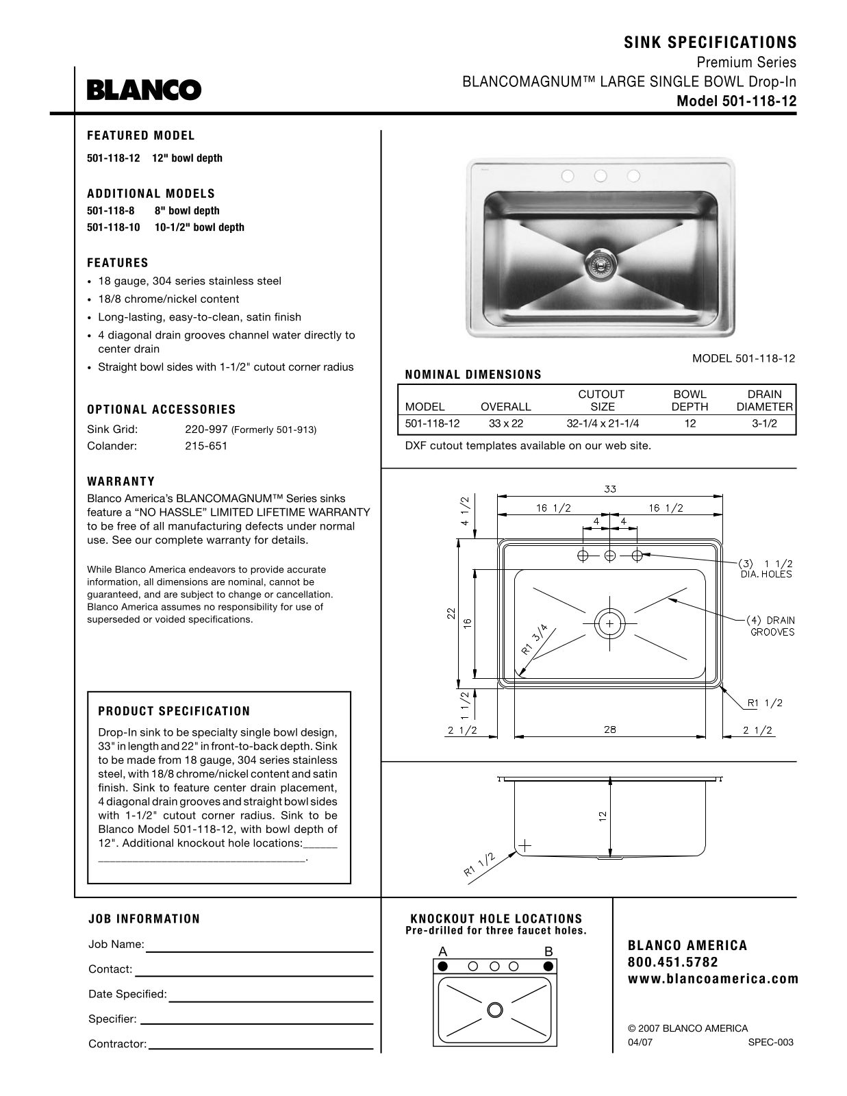 Blanco 501-118-12 User Manual