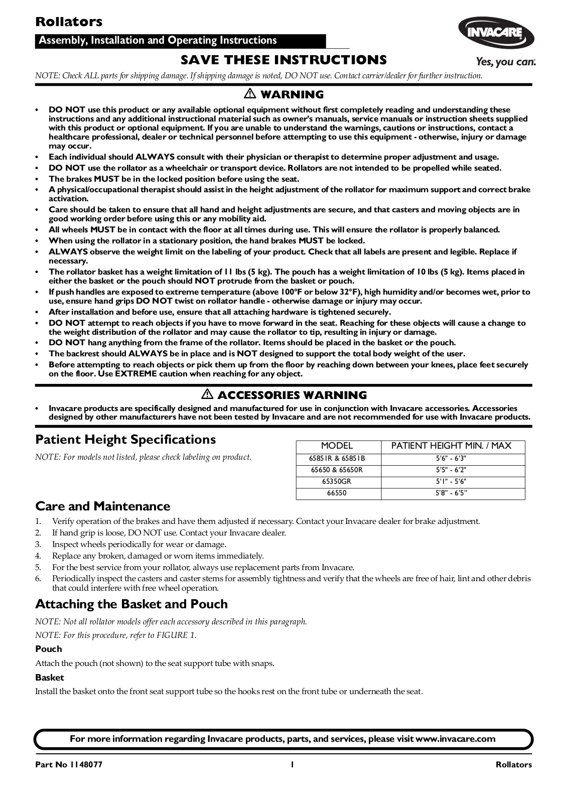 Invacare 65851R, 65650R, 65650, 66550, 65851B User Manual