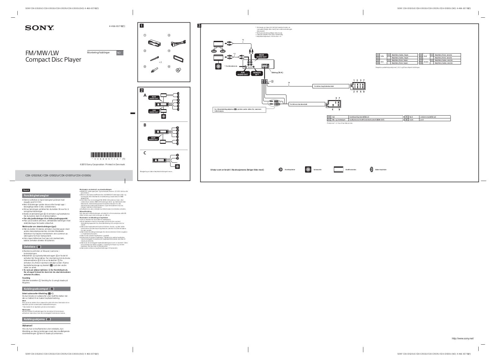 Sony CDX-G1020UC, CDX-G1002U, CDX-G1001U, CDX-G1000U Installation guide