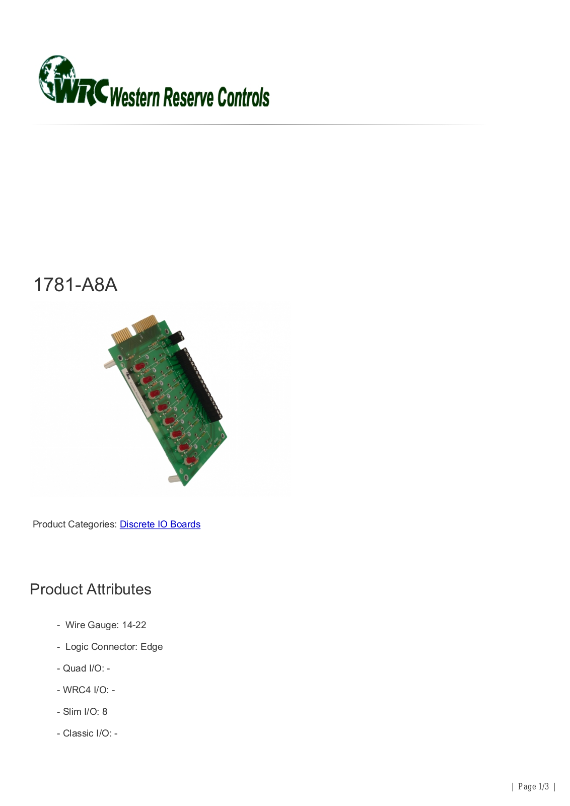 Western Reserve Controls 1781-A8A Data Sheet