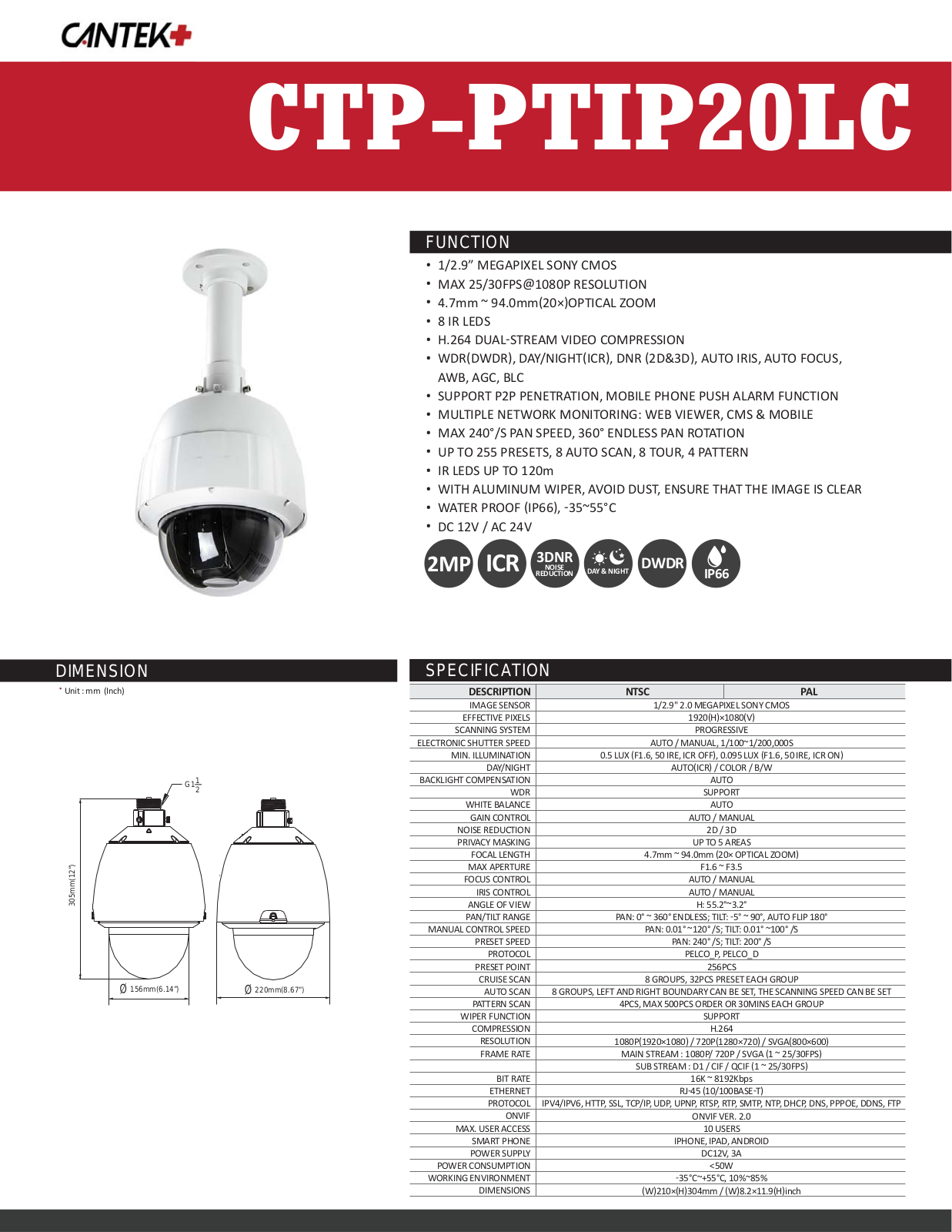 Cantek Plus CTP-PTIP20LC Specsheet