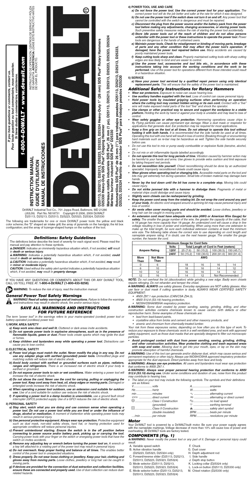 DeWalt D25323K TYPE2, D25323K TYPE1, D25313K TYPE 2, D25223K TYPE 1 Owner’s Manual