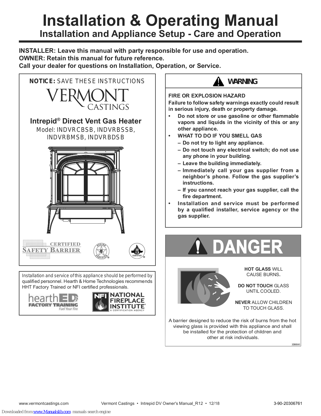 Vermont Castings Intrepid INDVRBMSB, Intrepid INDVRBDSB, Intrepid INDVRCBSB, Intrepid INDVRBSSB Installation & Operating Manual