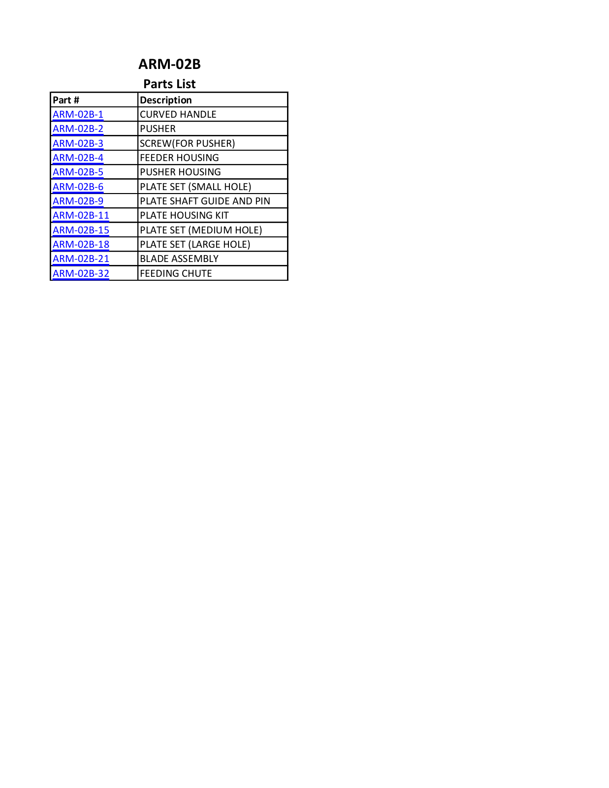 Thunderbird ARM-02B Parts Manual