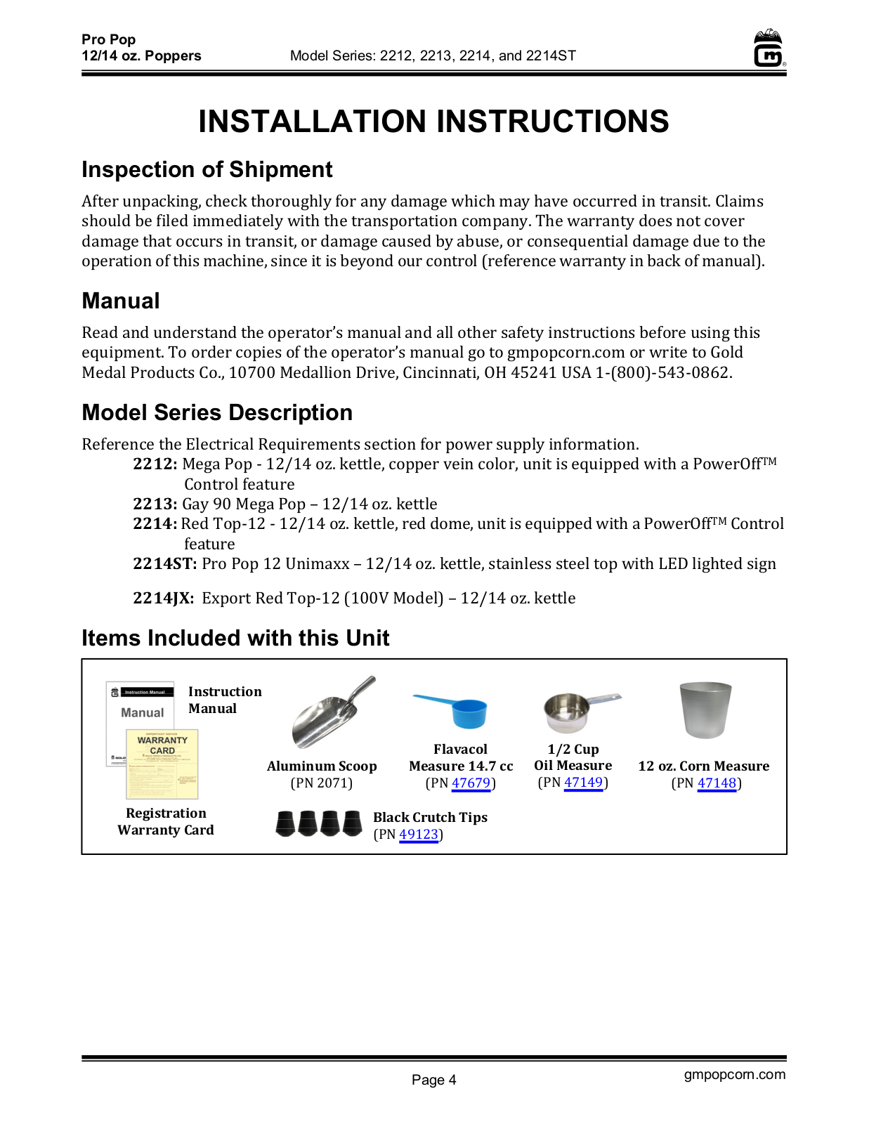 Gold Medal Products 2213 Operators Manual