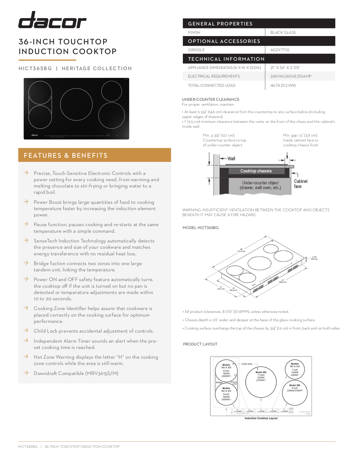 Dacor HICT365BG Specs