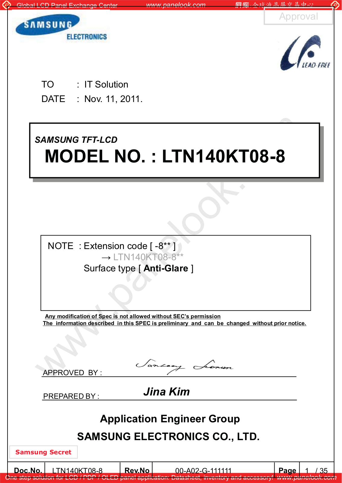 SAMSUNG LTN140KT08-801 Specification