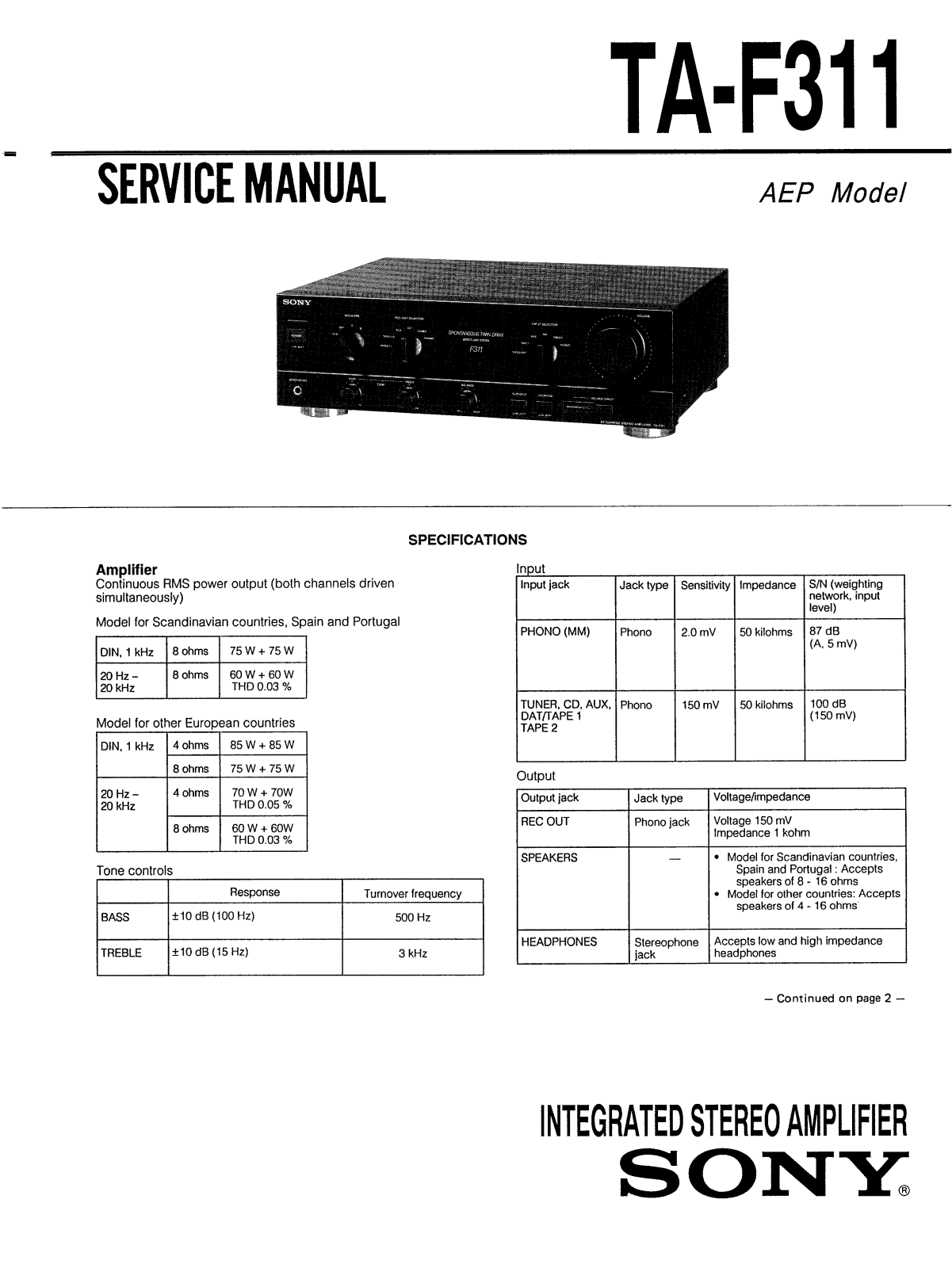 Sony TAF-311 Service manual