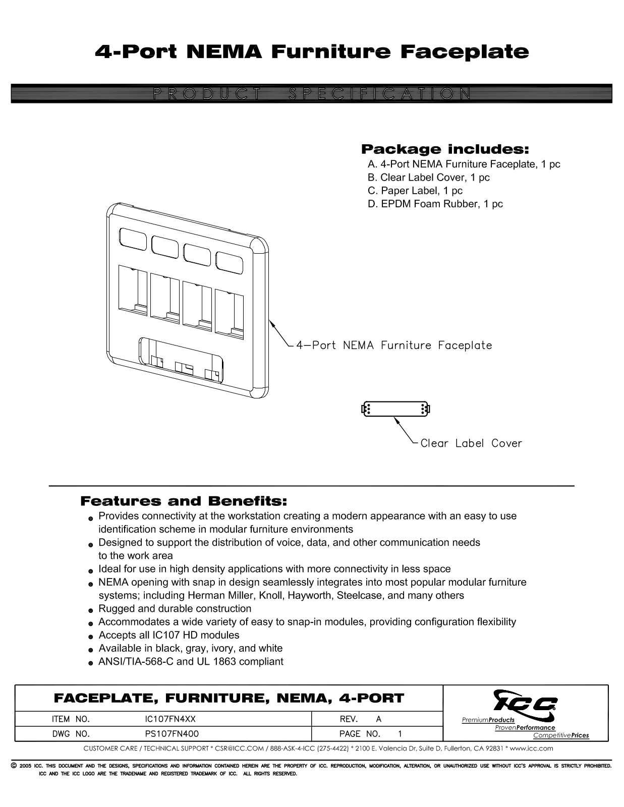 ICC IC107FN4BK, IC107FN4GY, IC107FN4IV, IC107FN4WH Specsheet