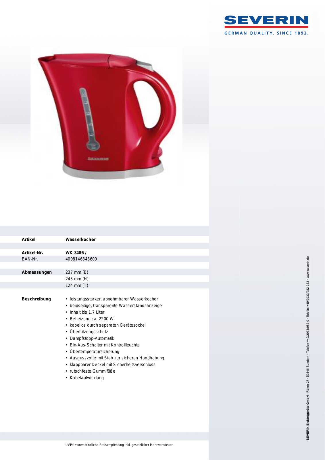 Severin WK 3486 DATASHEET