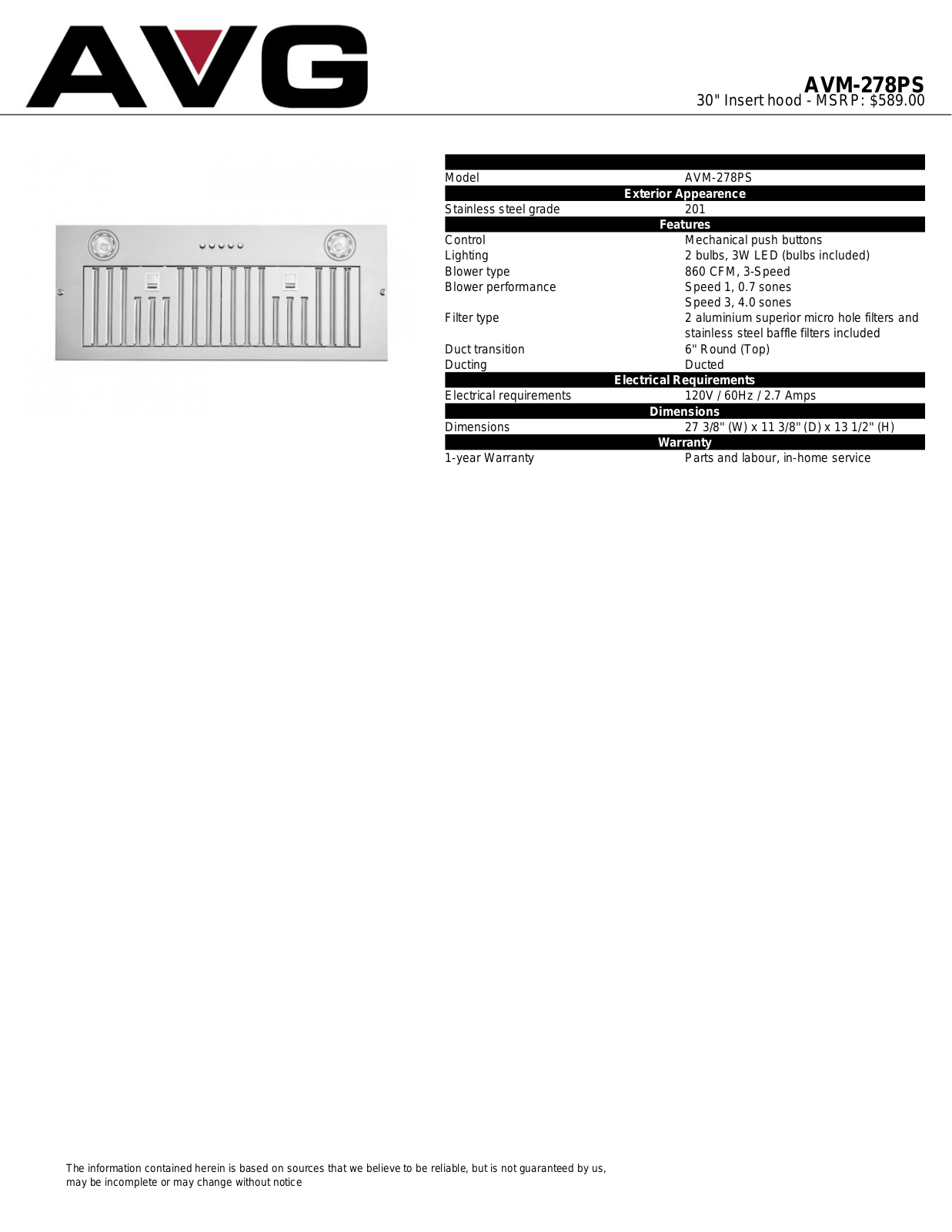 AVG AVM278PS Specification